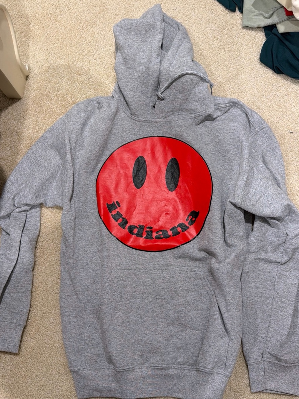 Gildan Gray Hoodie with Red Indiana Smiley Graphic